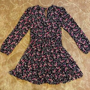 Trixxi black longsleeve mini dress with red/purple floral, size S